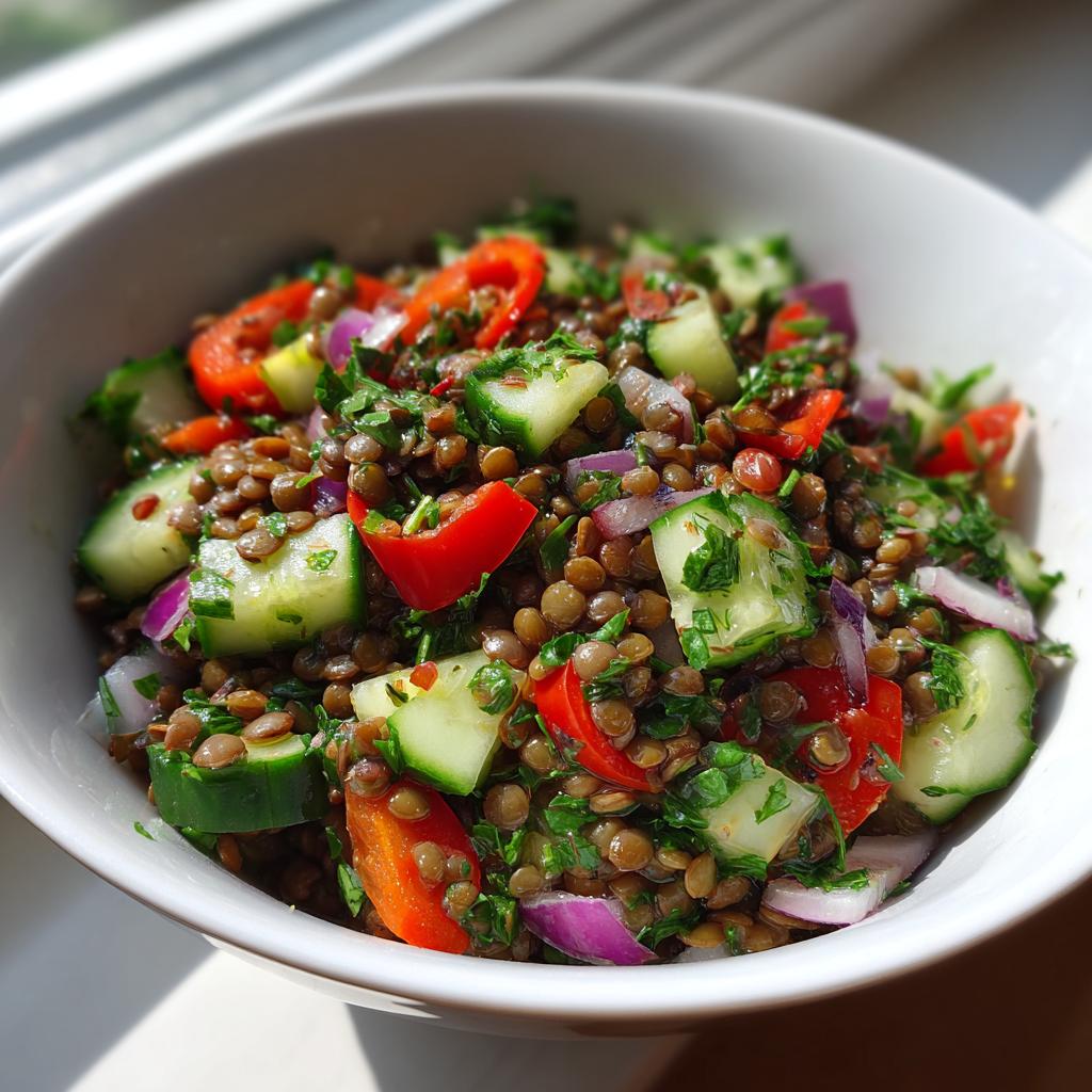 Ensalada de lentejas con pepino, cebolla morada, pimiento rojo y perejil en bol blanco.