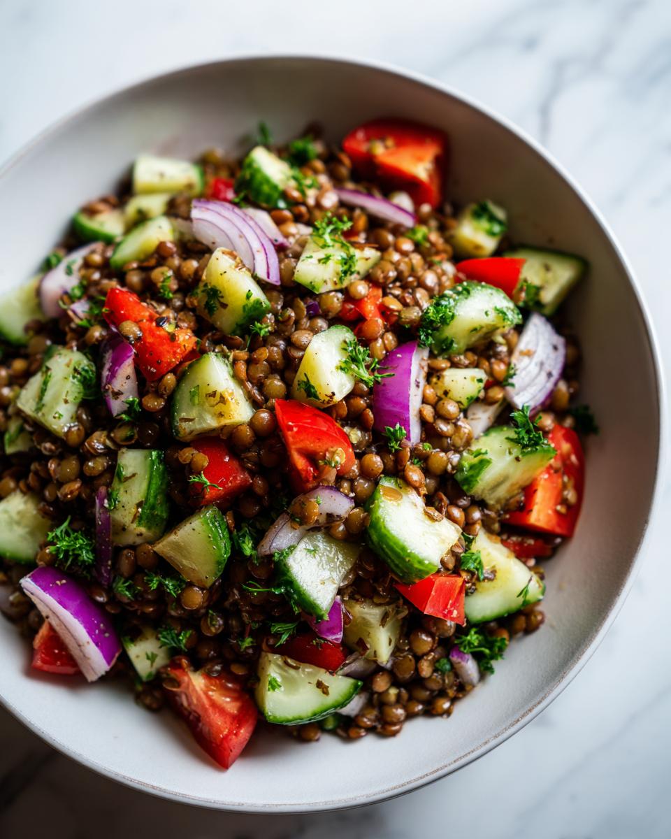 Ensalada de lentejas con tomate, pepino, cebolla morada y perejil en un plato blanco
