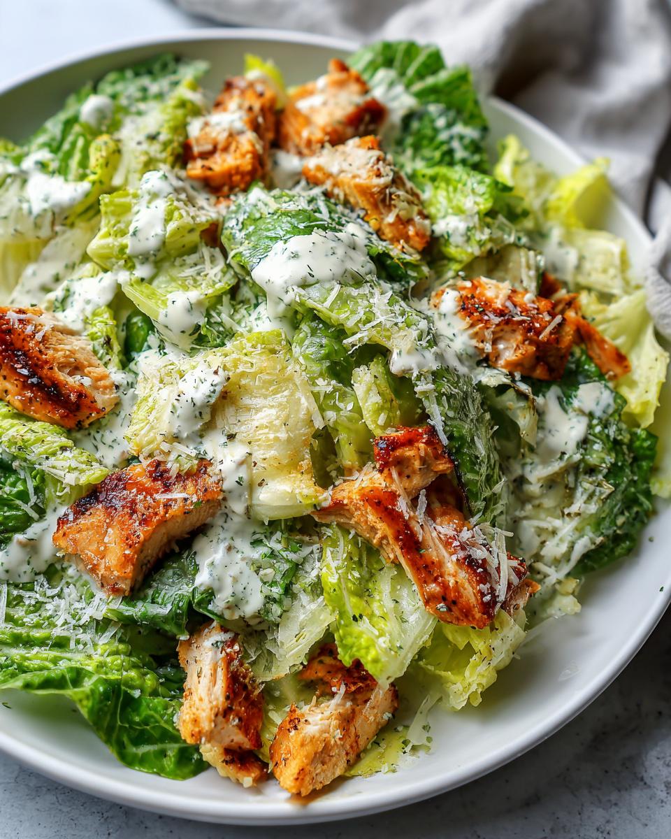 Ensalada fresca con pollo a la parrilla, lechuga romana y aderezo cremoso en un plato blanco.