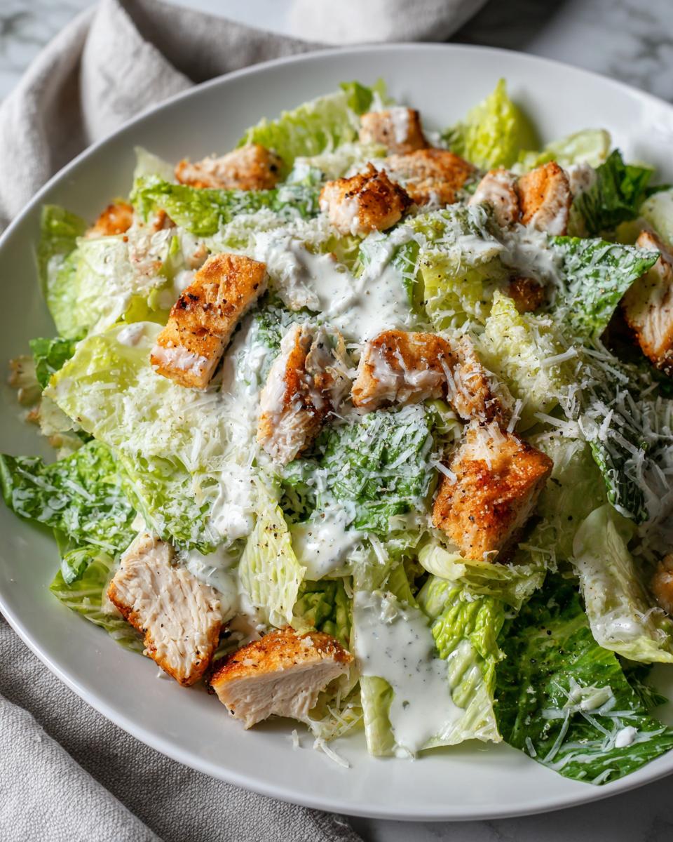 Ensalada ligera con pollo asado, hojas de lechuga y aderezo blanco cremoso