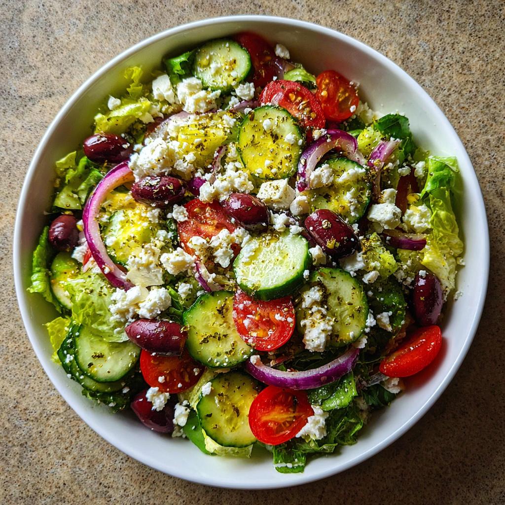 Ensalada mediterránea casera con pepino, tomate, queso feta, aceitunas y cebolla roja en un bol blanco