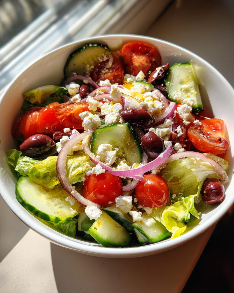Ensalada colorida con tomate, pepino, aceitunas, cebolla y queso feta para recetas mediterráneas caseras.