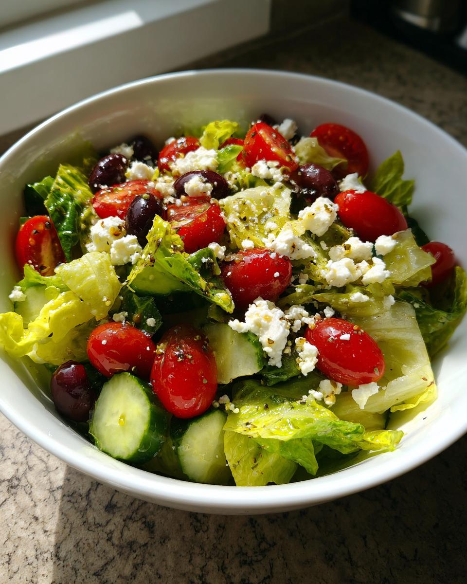Bol de ensalada mediterránea saludable con lechuga, tomates cherry, pepino, aceitunas y queso fresco.