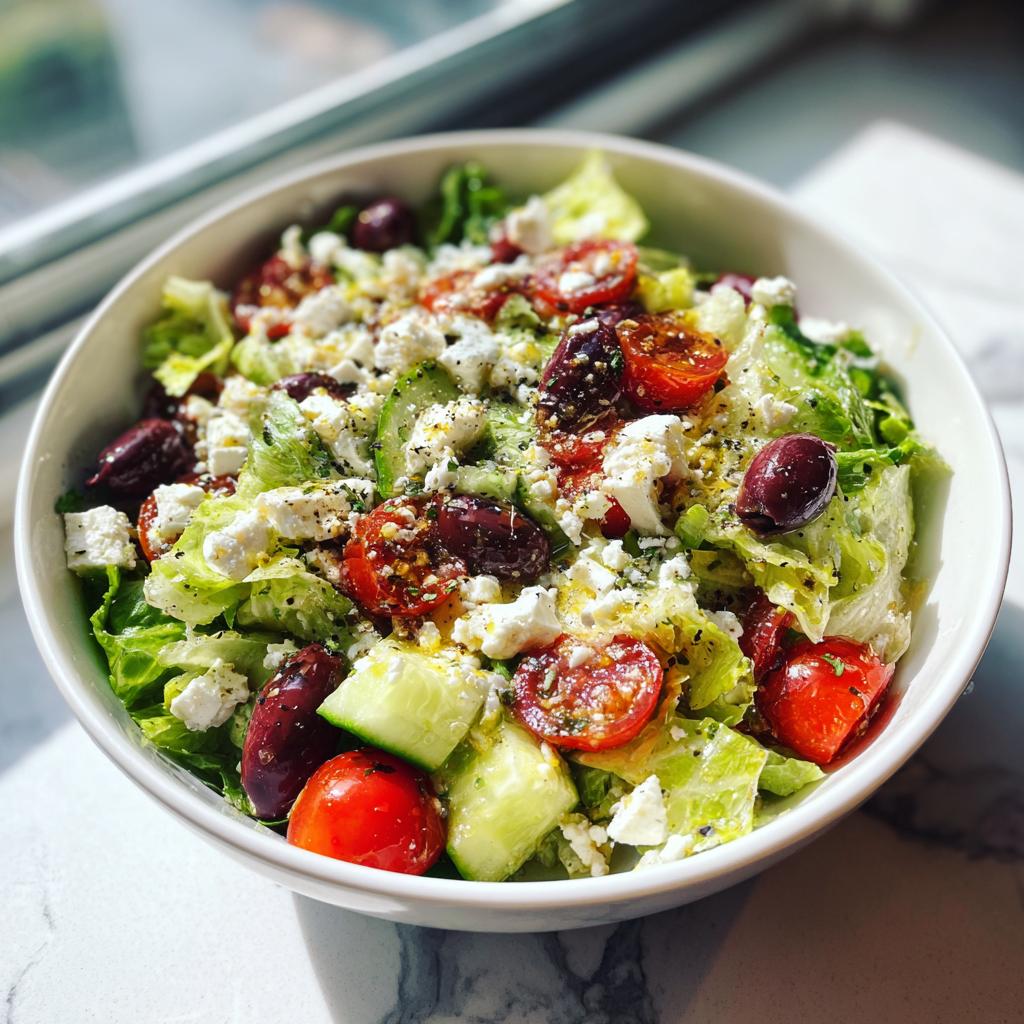 Ensalada mediterránea saludable con lechuga, tomate cherry, pepino, aceitunas y queso desmenuzado.
