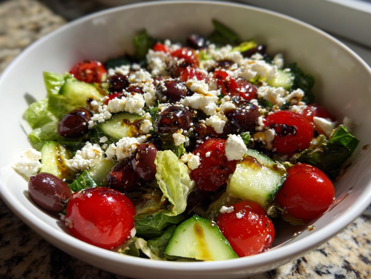 Ensalada mediterránea saludable con tomate cherry, pepino, aceitunas y queso en un bol blanco.