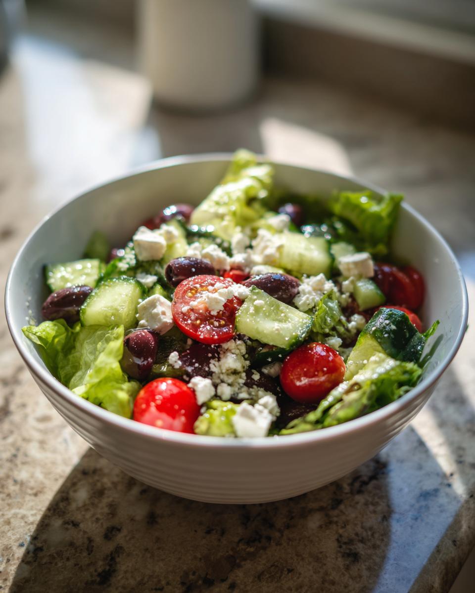 Ensalada mediterránea saludable con lechuga, tomate cherry, pepino, aceitunas y queso feta.