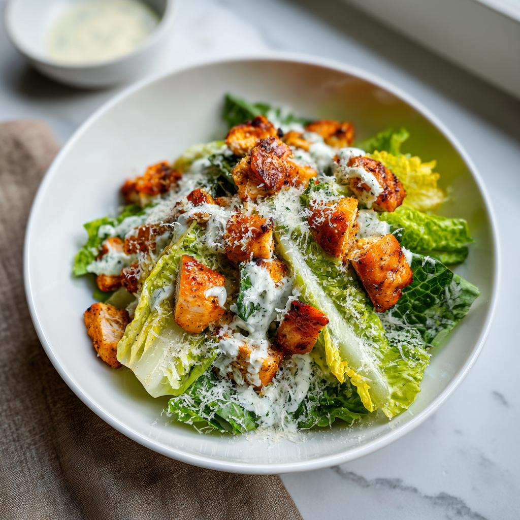 Ensalada fresca con trozos de pollo a la parrilla y salsa cremosa sobre lechuga romana.