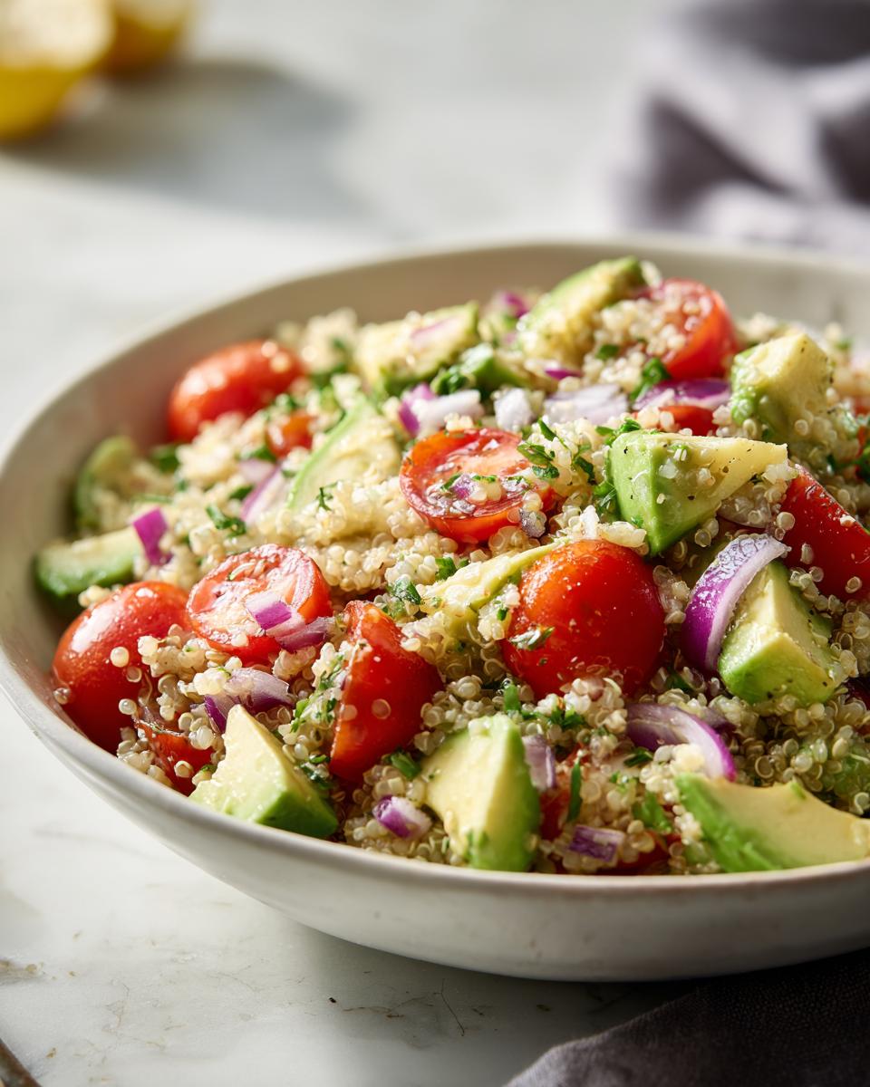 Plato con ensalada de quinoa, aguacate, tomate cherry y cebolla morada, ideal para cenas rápidas y saludables