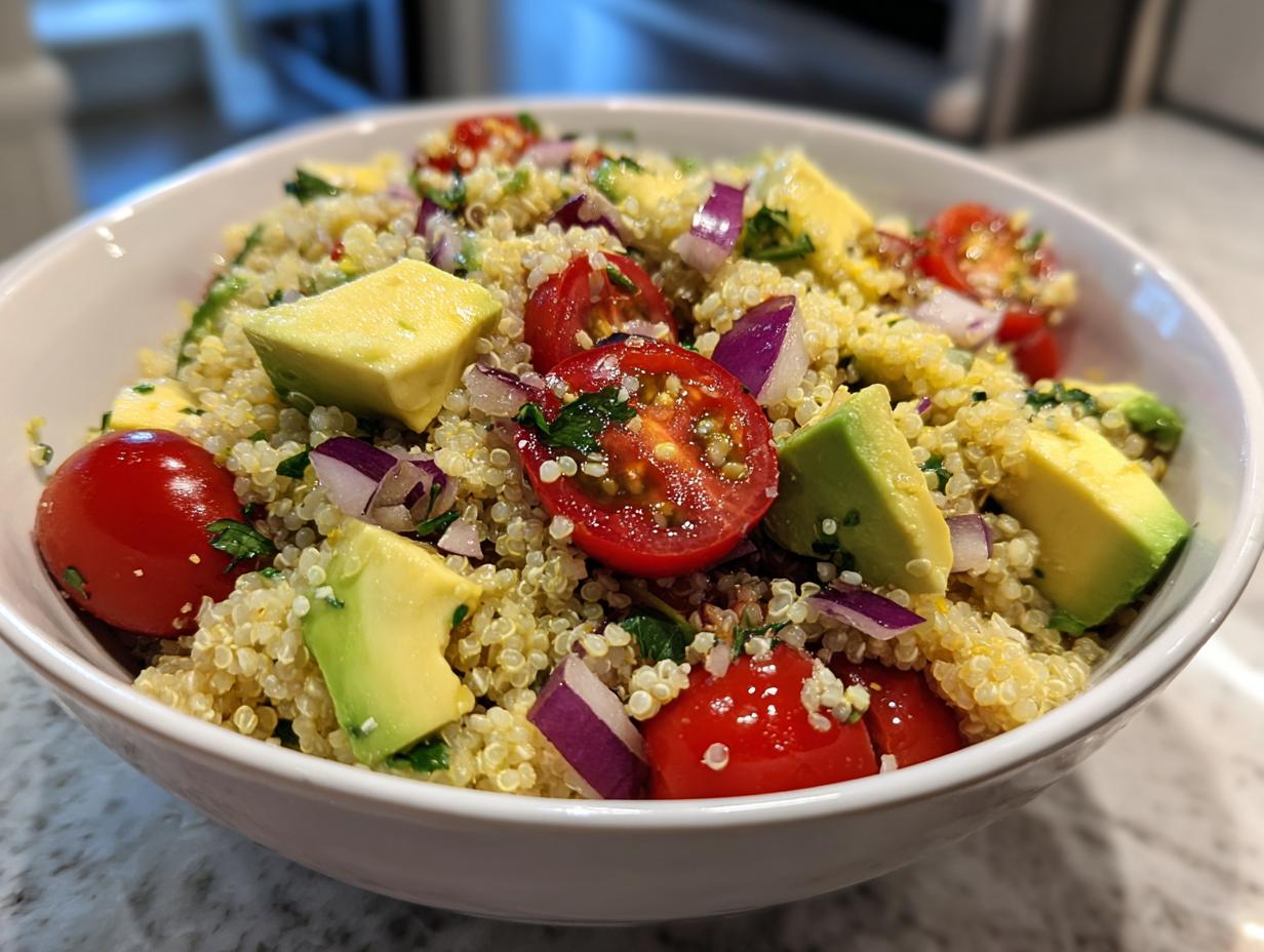 Ensalada de quinoa con aguacate, tomates cherry y cebolla morada en un tazón blanco