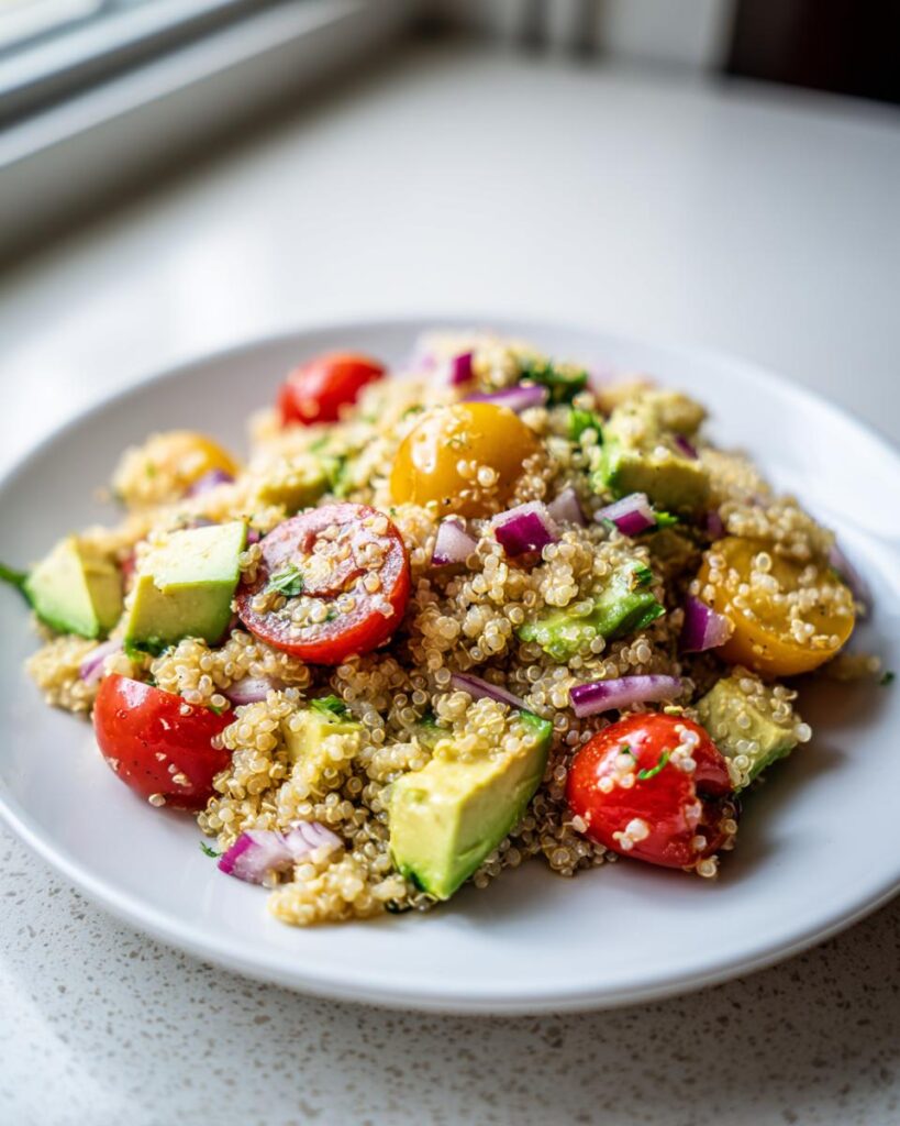 Plato de ensalada con quinoa, tomate cherry, aguacate y cebolla morada para cenas saludables después de navidad