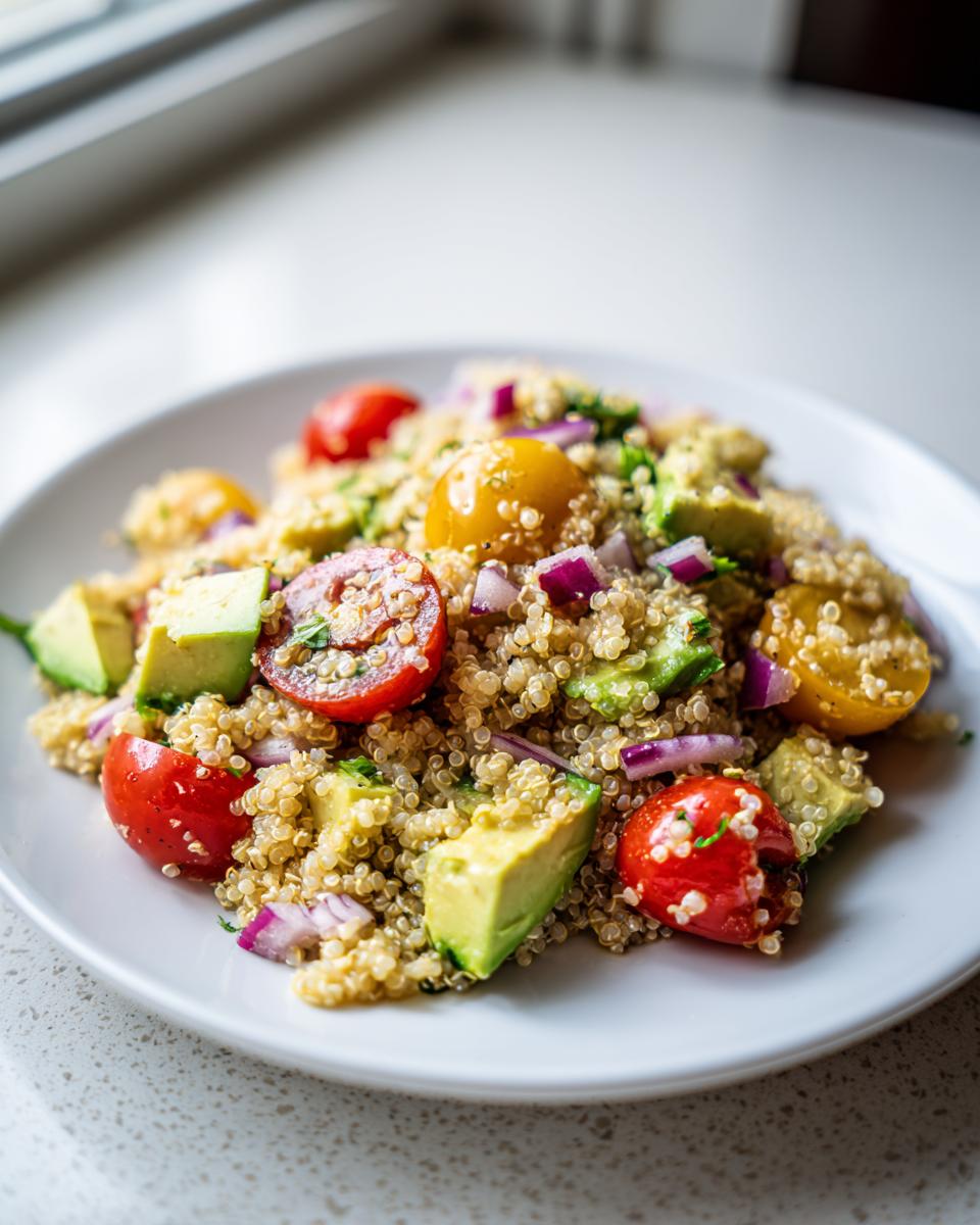 Plato de ensalada con quinoa, tomate cherry, aguacate y cebolla morada para cenas saludables después de navidad