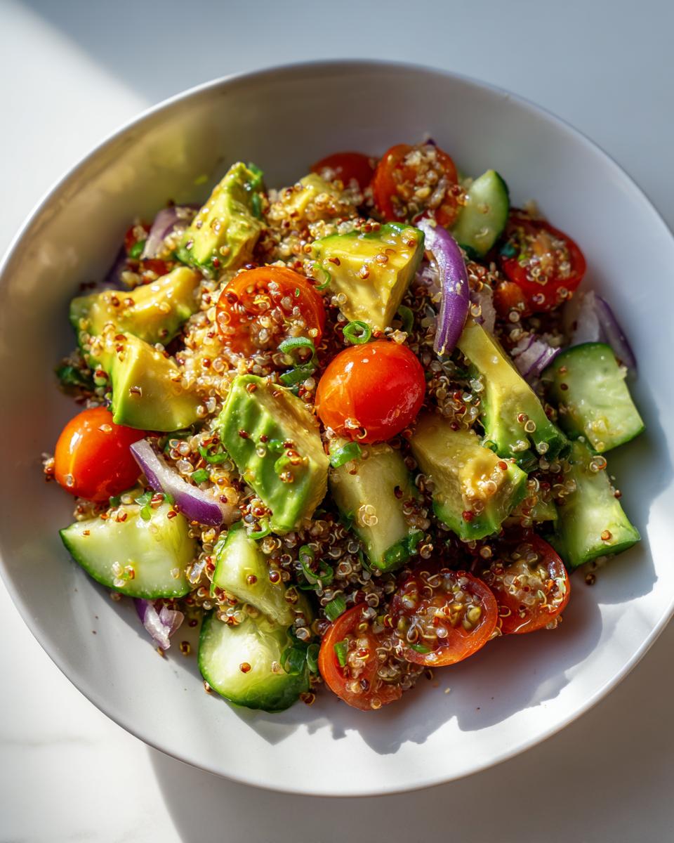 Ensalada de quinoa con aguacate, tomate cherry, pepino y cebolla morada