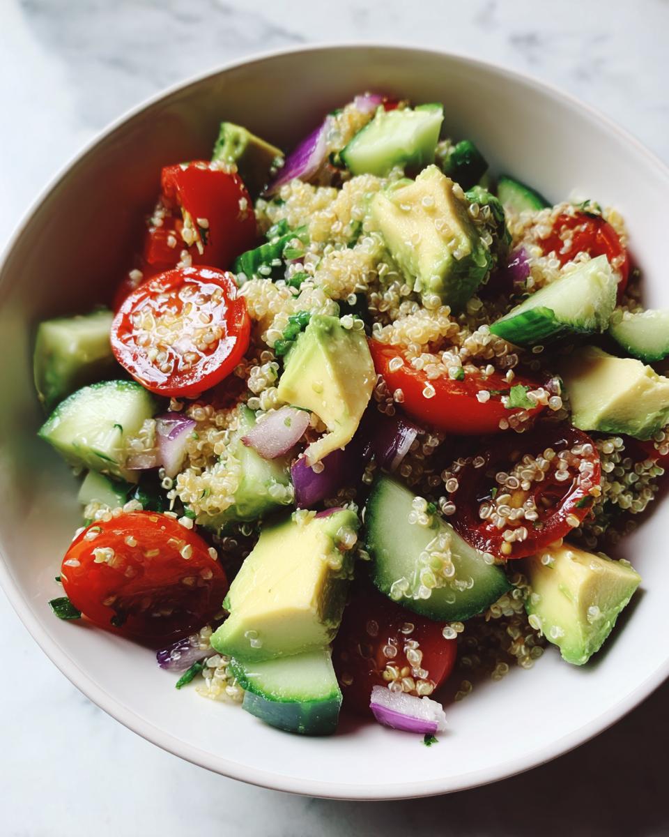 Ensalada con quinoa, aguacate, tomate cherry, pepino y cebolla morada en un tazón blanco, ideas de almuerzos saludables