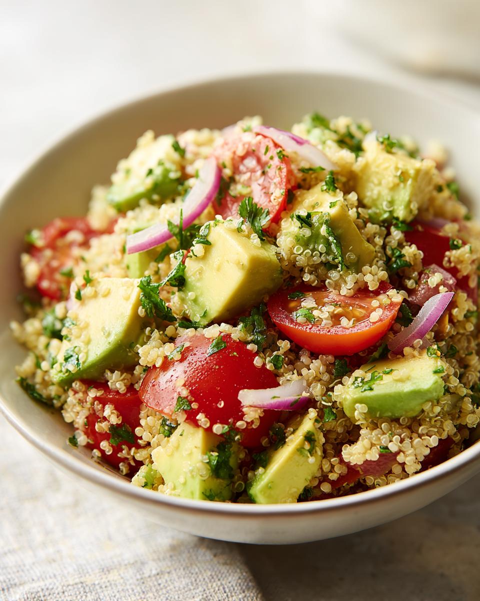 Ensalada de quinoa con aguacate, tomate cherry y cebolla morada, una opción de recetas sanas para el día a día