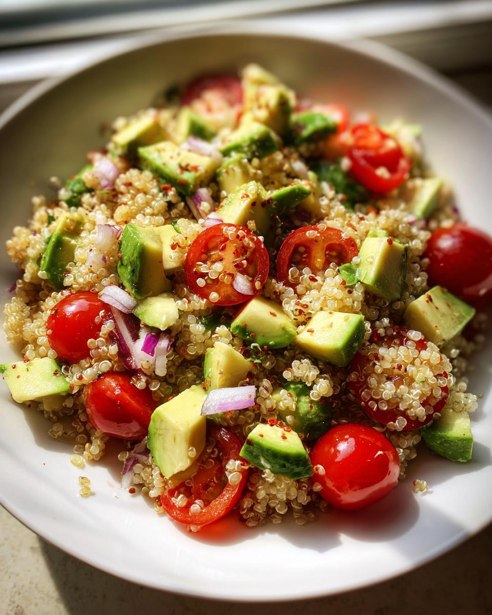 Plato de ensalada con quinoa, aguacate, tomate cherry y cebolla roja como cenas saludables después de navidad