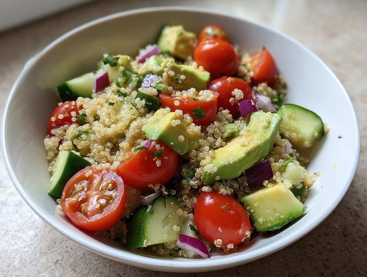 Ensalada fresca con quinoa, aguacate, tomate cherry, pepino y cebolla morada en un tazón blanco.