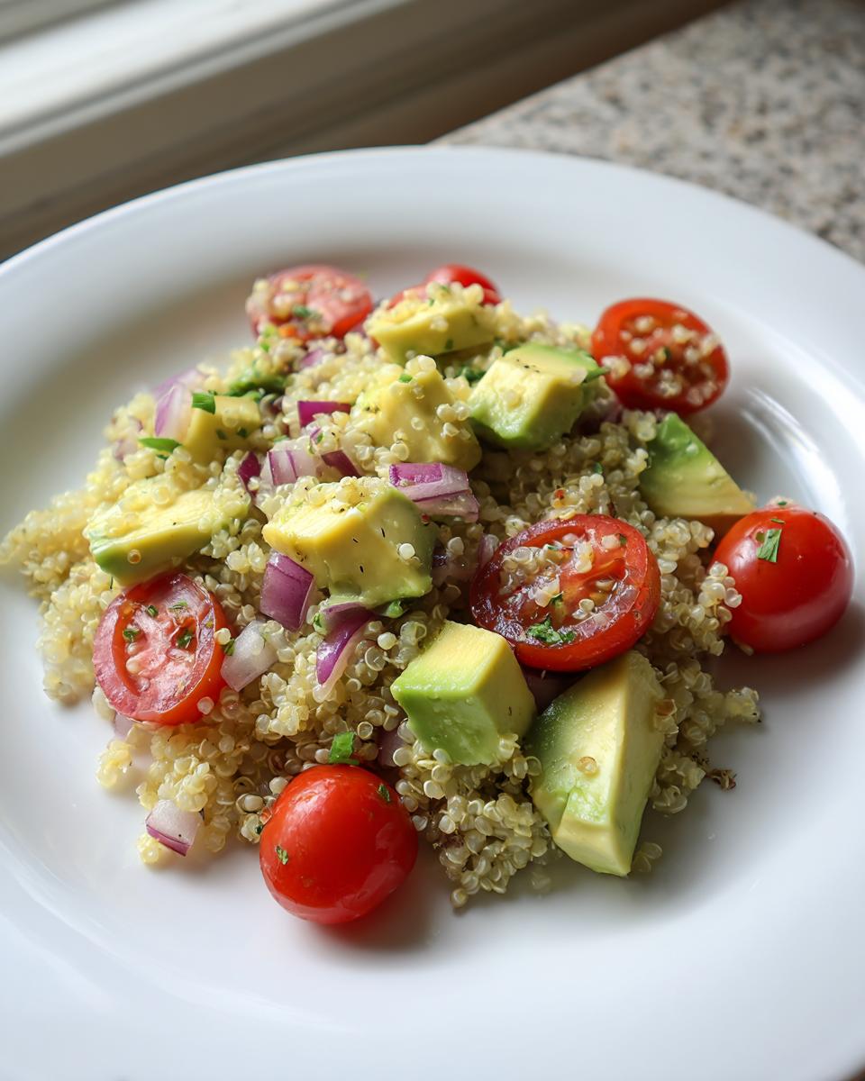 Plato de ensalada de quinoa con aguacate, tomate cherry y cebolla morada sobre plato blanco.