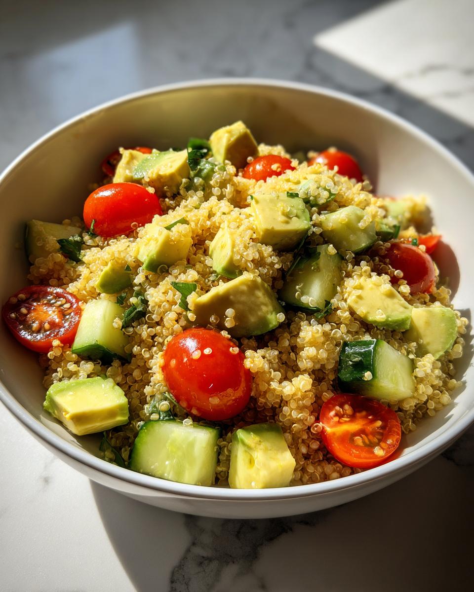 Ensalada de quinoa con tomate cherry, aguacate y pepino en un bol blanco