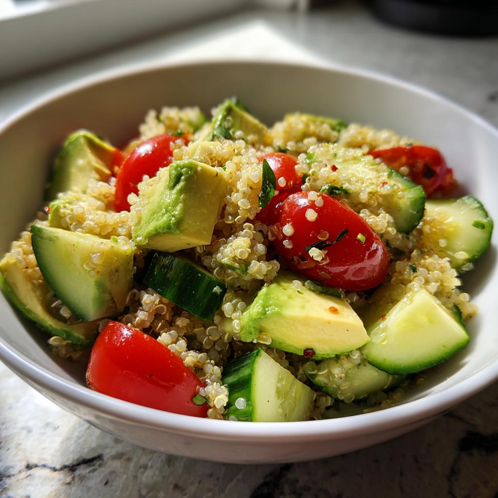Ensalada con quinoa, aguacate, pepino y tomate ideal para cenas ligeras después del trabajo