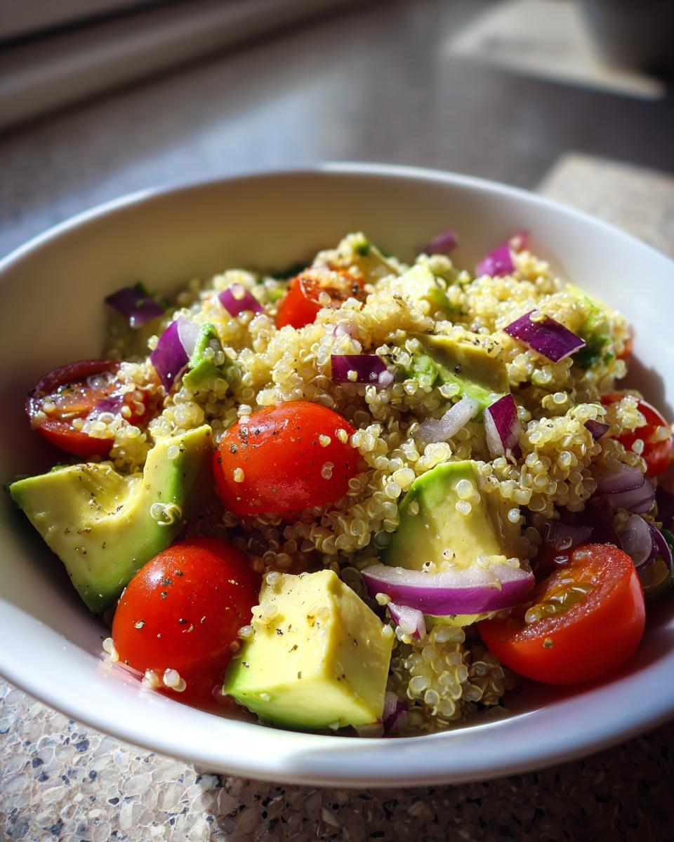 Ensalada de quinoa con aguacate, jitomates cherry y cebolla morada para cenas rápidas y saludables