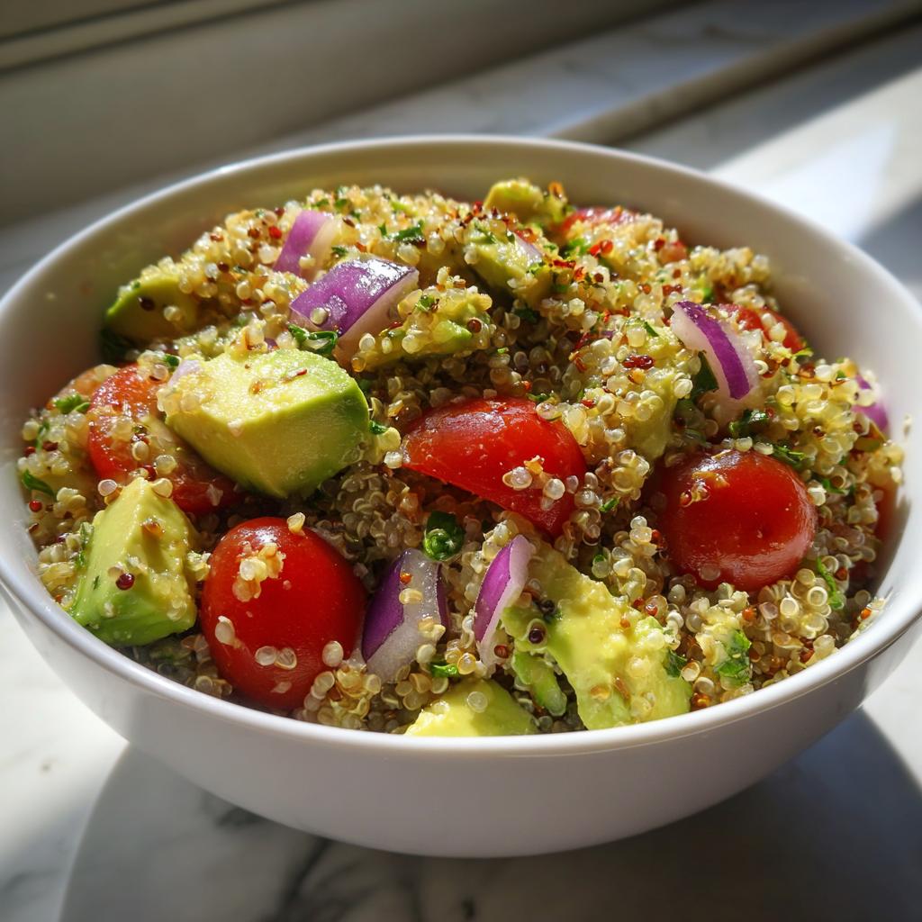 Ensalada de quinoa con aguacate, tomate cherry y cebolla morada en un bol blanco.