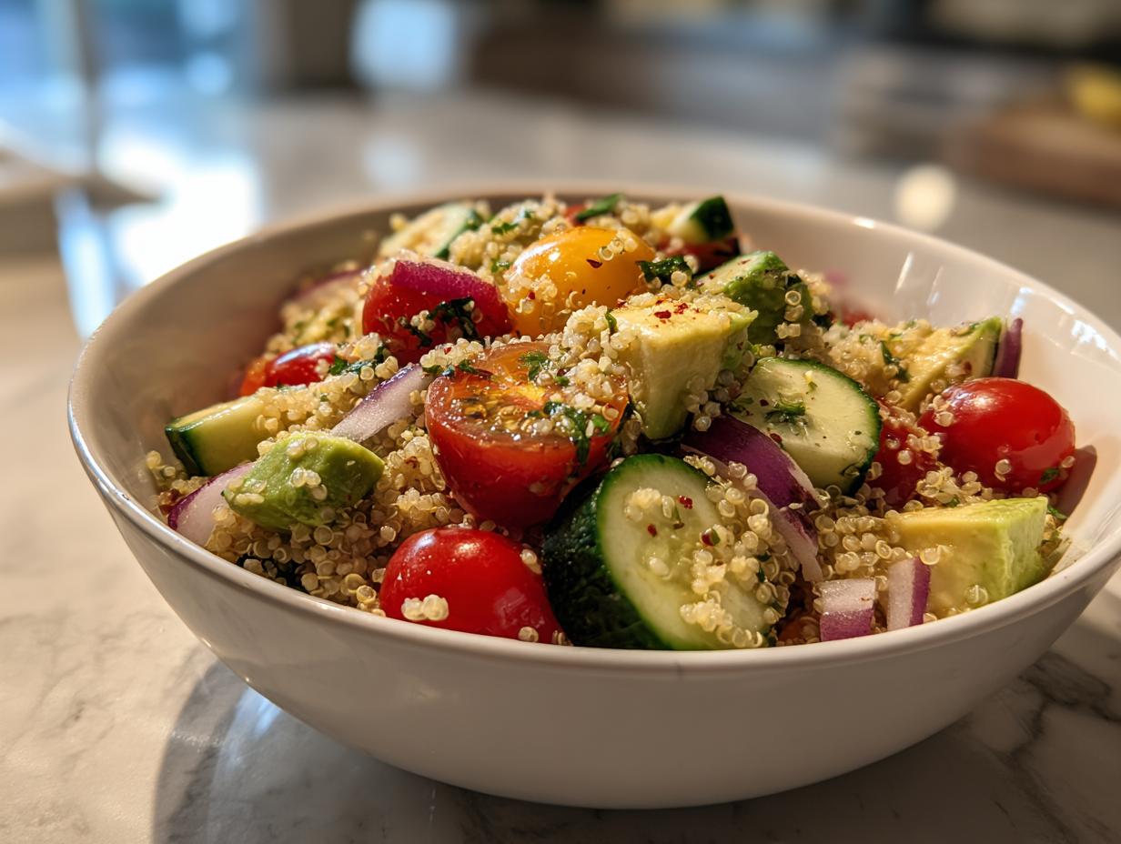 Ensalada colorida con quinoa, tomates cherry, pepino, aguacate y cebolla roja en un tazón blanco