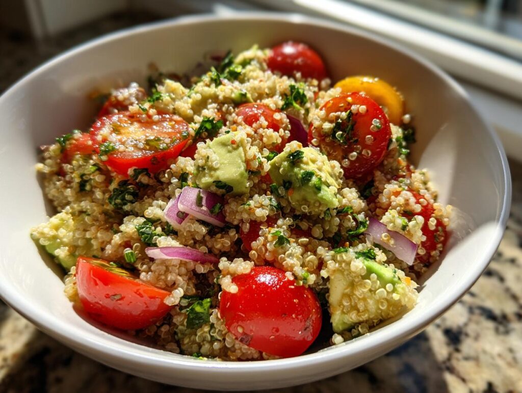 Ensalada de quinoa con tomates cherry, aguacate y cebolla morada en un bol blanco