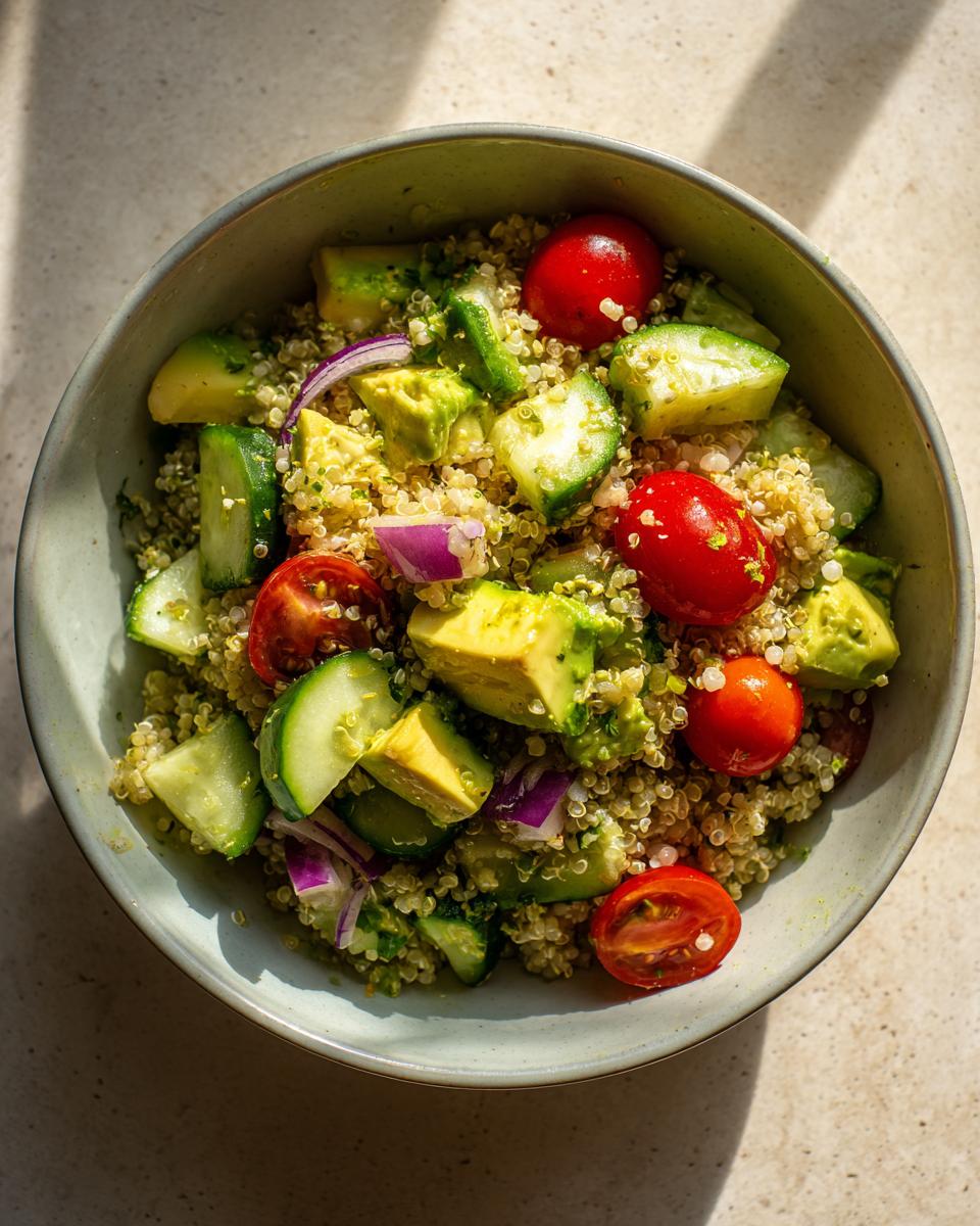 Ensalada con quinoa, tomate cherry, aguacate, pepino y cebolla morada en un bol.