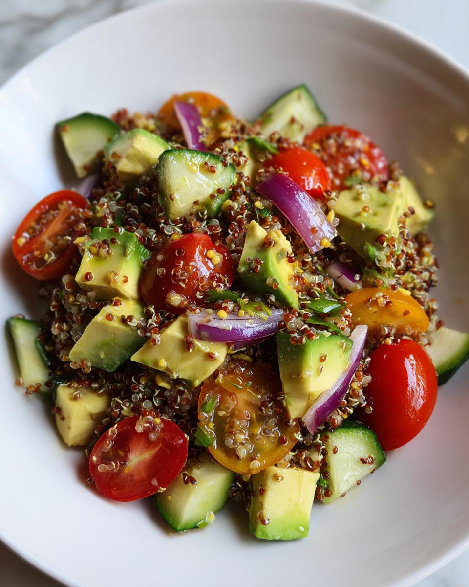 Ensalada con quinoa, tomate cherry, aguacate, pepino y cebolla morada en un plato blanco.