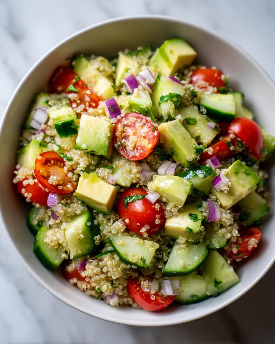 Ensalada con quinoa, tomate cherry, aguacate, pepino y cebolla morada en un bol blanco