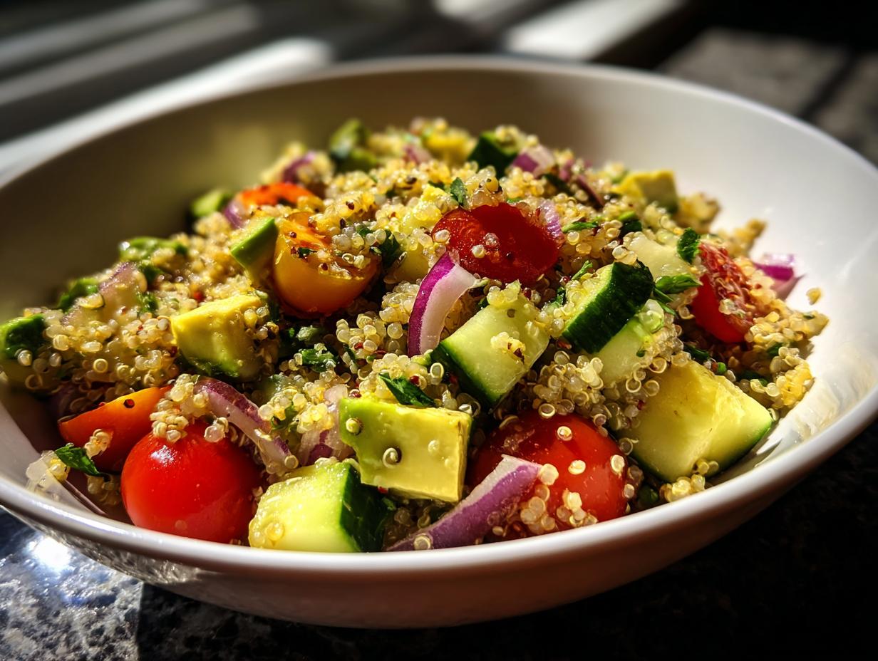 Ensalada saludable con quinoa, tomate cherry, pepino, aguacate y cebolla morada en un bol blanco.