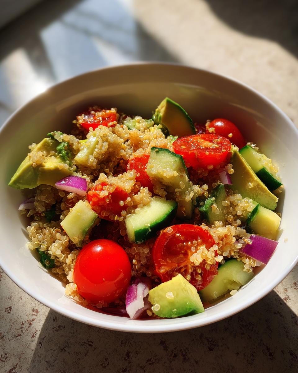 Ensalada colorida con quinoa, aguacate, tomate cherry, pepino y cebolla morada.