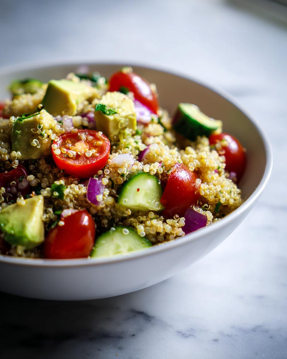 Ensalada con quinoa, tomates cherry, aguacate, pepino y cebolla morada en un tazón blanco