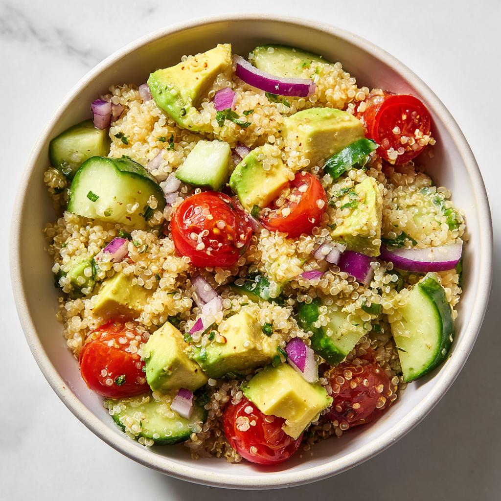 Tazón con ensalada de quinoa, aguacate, tomates cherry, pepino y cebolla morada, ideas de almuerzos saludables