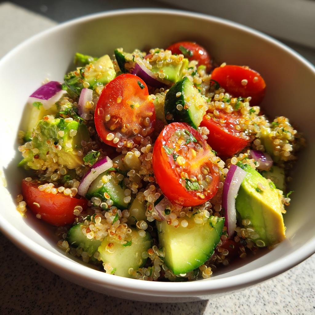 Ensalada de quinoa con tomate cherry, pepino, aguacate y cebolla morada.
