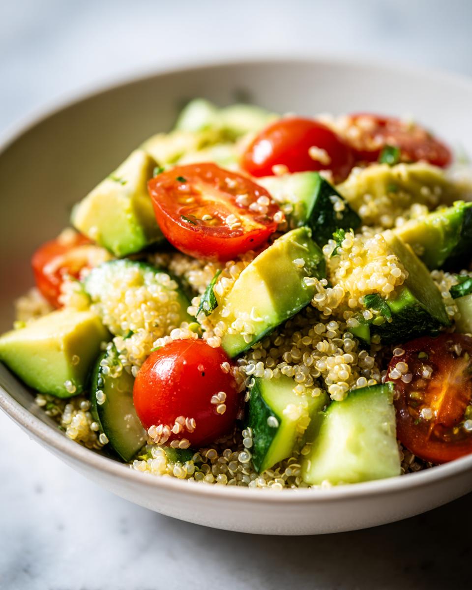 Ensalada con quinoa, tomates cherry, aguacate y pepino en un tazón blanco