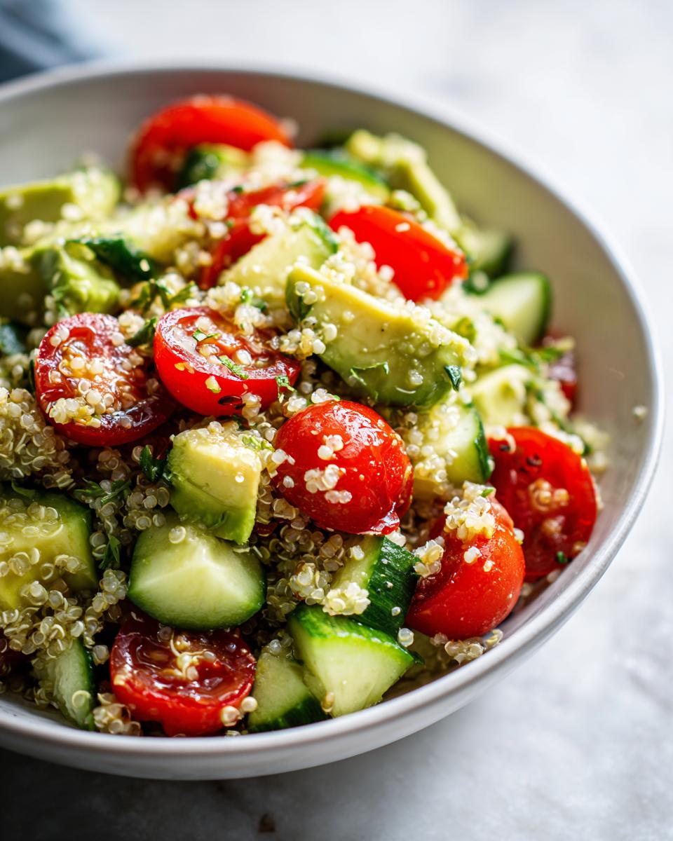 Ensalada de quinoa con tomates cherry, aguacate y pepino en un bol blanco, ideal para cenas ligeras después del trabajo