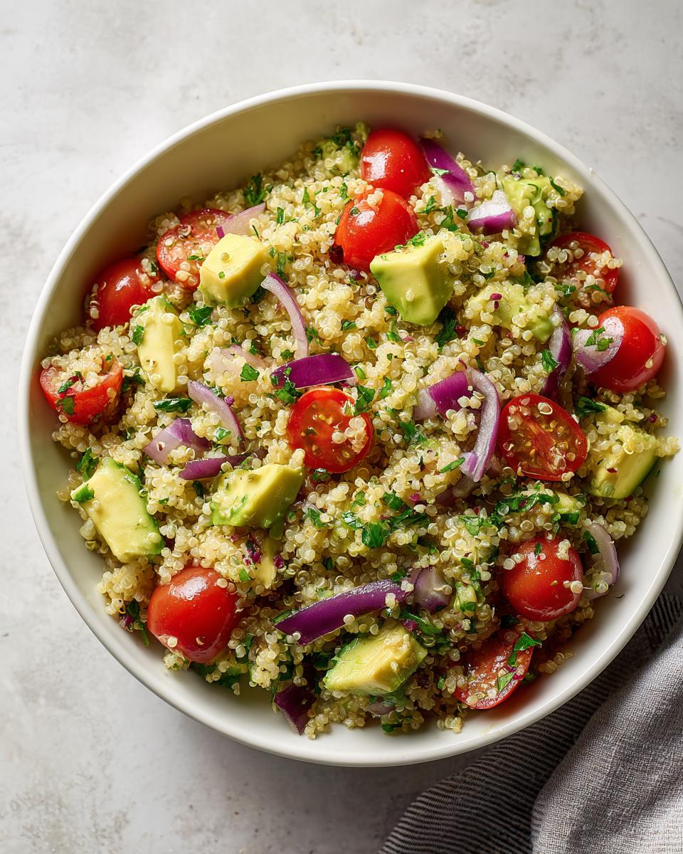 Ensalada de quinoa con tomates cherry, aguacate y cebolla roja para cenas rápidas y saludables