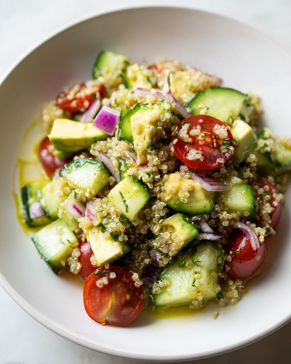 Ensalada de quinoa con tomate cherry, pepino, cebolla morada y aguacate en un plato blanco, ideal para ideas de cenas vegetarianas.