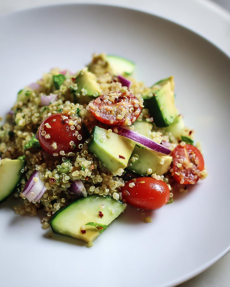 Ensalada de quinoa con tomates cherry, pepino, aguacate y cebolla morada para ideas de cenas vegetarianas.
