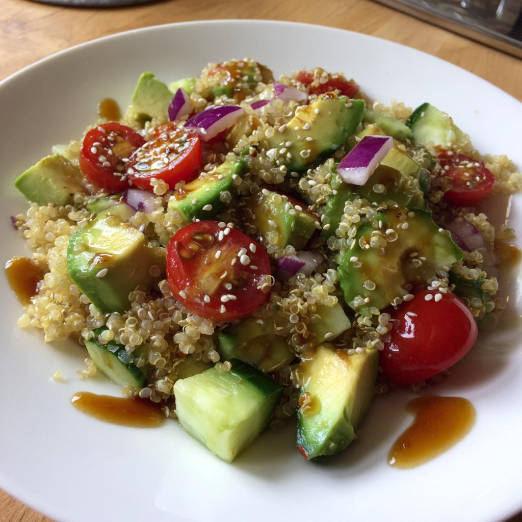 Plato de ensalada de quinoa con tomates cherry, aguacate, pepino y cebolla morada como ideas de cenas vegetarianas