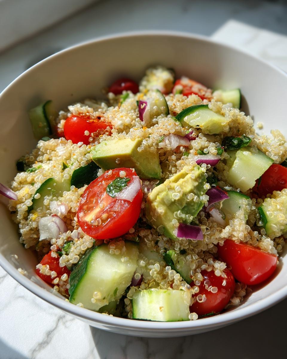 Ensalada de quinoa con tomate cherry, aguacate, pepino y cebolla roja fresca