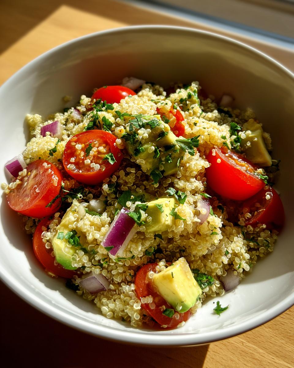 Ensalada con quinoa, tomates cherry, aguacate, cebolla morada y perejil en un bol blanco.
