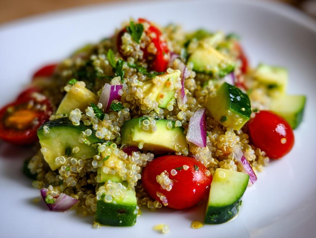 Ensalada de quinoa con tomates cherry, pepino y cebolla morada, ideas de cenas vegetarianas