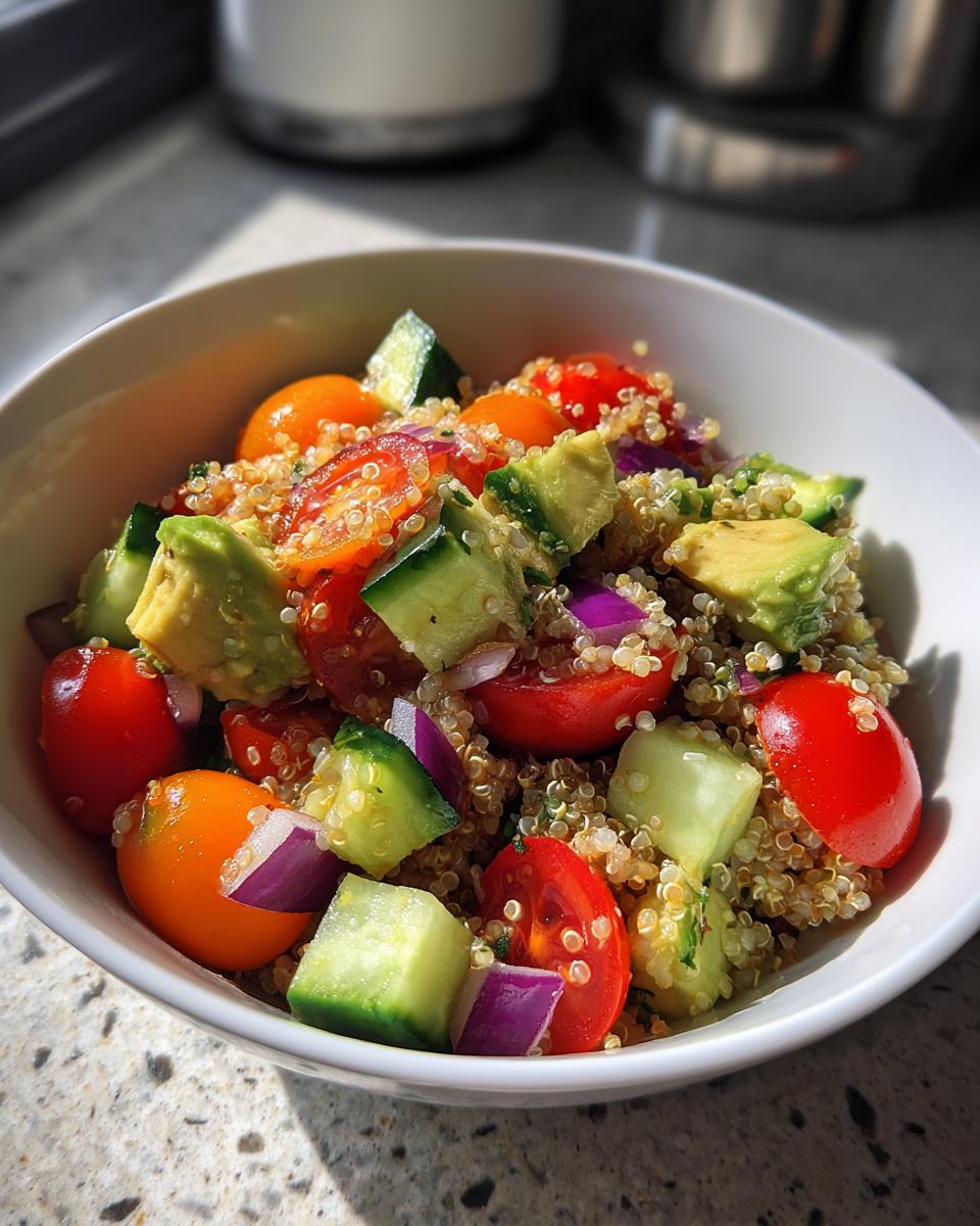 Bowl de ensalada con quinoa, tomate cherry, aguacate, pepino y cebolla morada, receta comfort food saludables