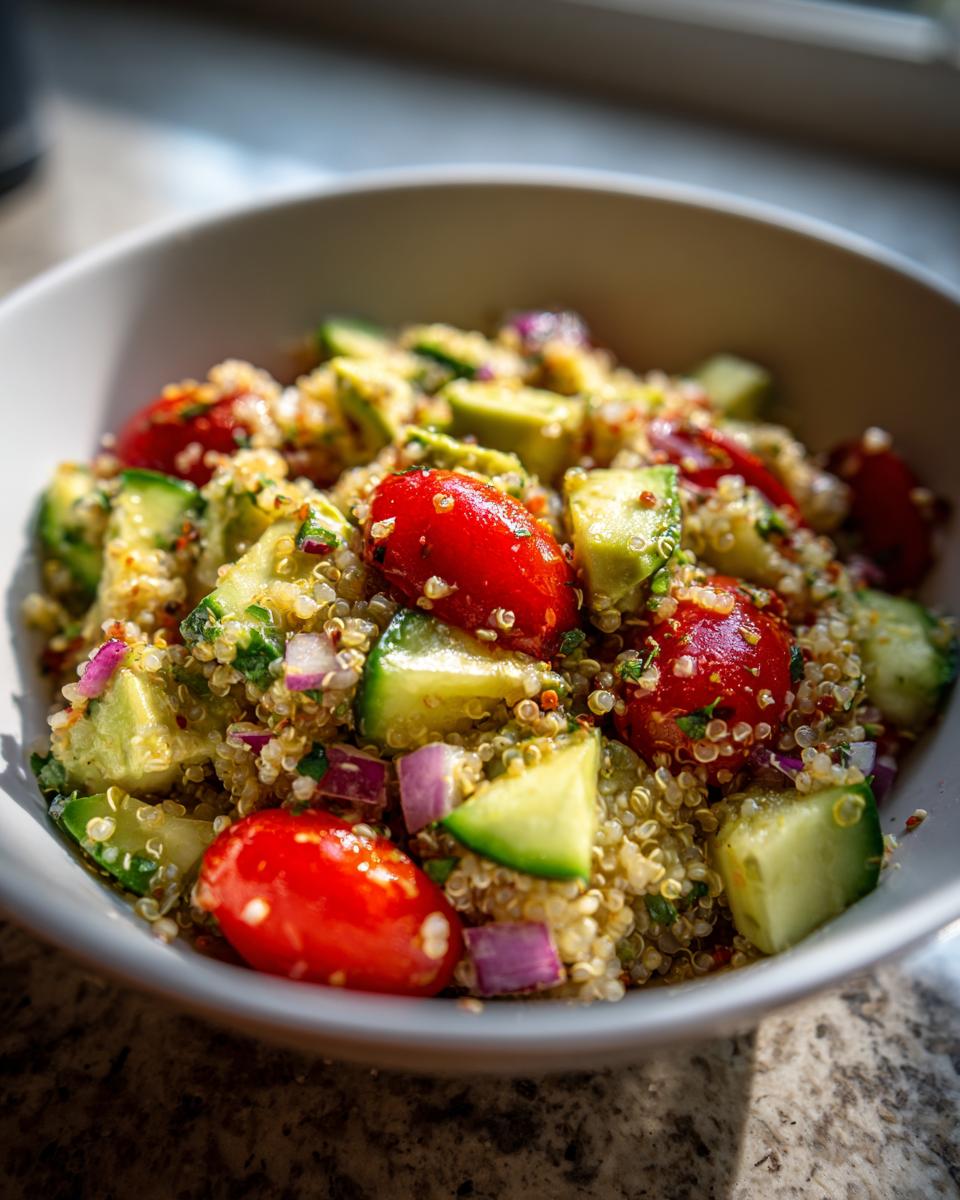 Bowl de ensalada con quinoa, tomates cherry, pepino y cebolla morada para recetas saludables para cenar