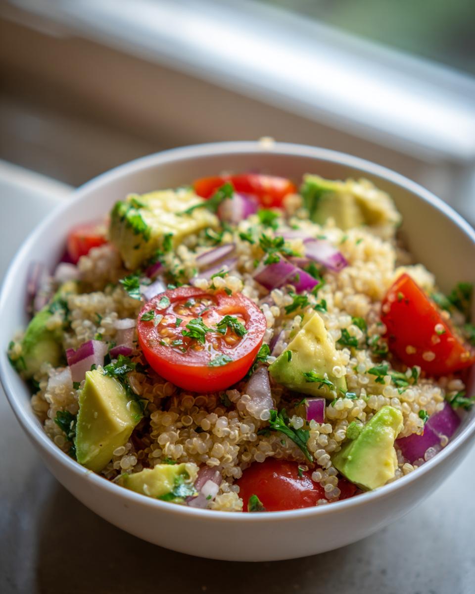 Bol de ensalada de quinoa con tomate, aguacate, cebolla morada y perejil, recetas sanas para el día a día
