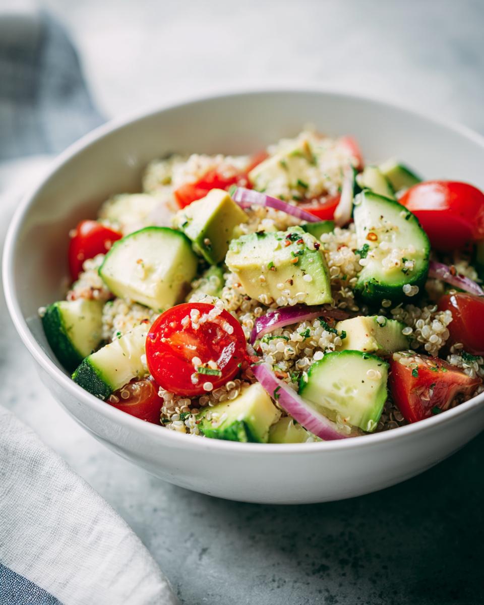 Ensalada con quinoa, tomate cherry, pepino, aguacate y cebolla morada en un tazón blanco.