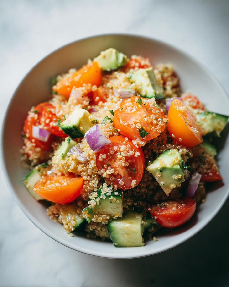 Ensalada con quinoa, tomate cherry, pepino y cebolla morada en un bol blanco, recetas comfort food saludables