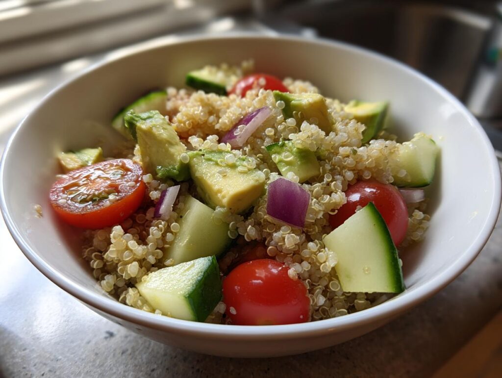 Ensalada de quinoa con aguacate, tomate cherry, pepino y cebolla morada en un bol blanco
